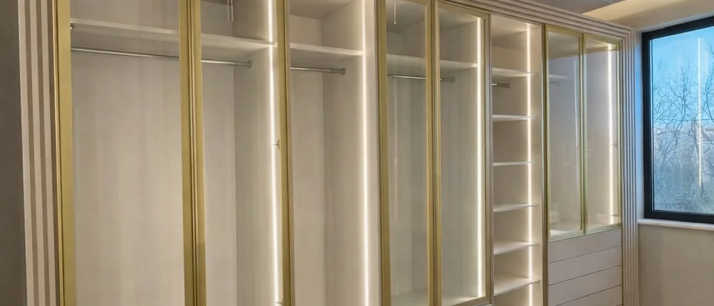 Dressing deschis cu rafturi iluminate și rame aurii